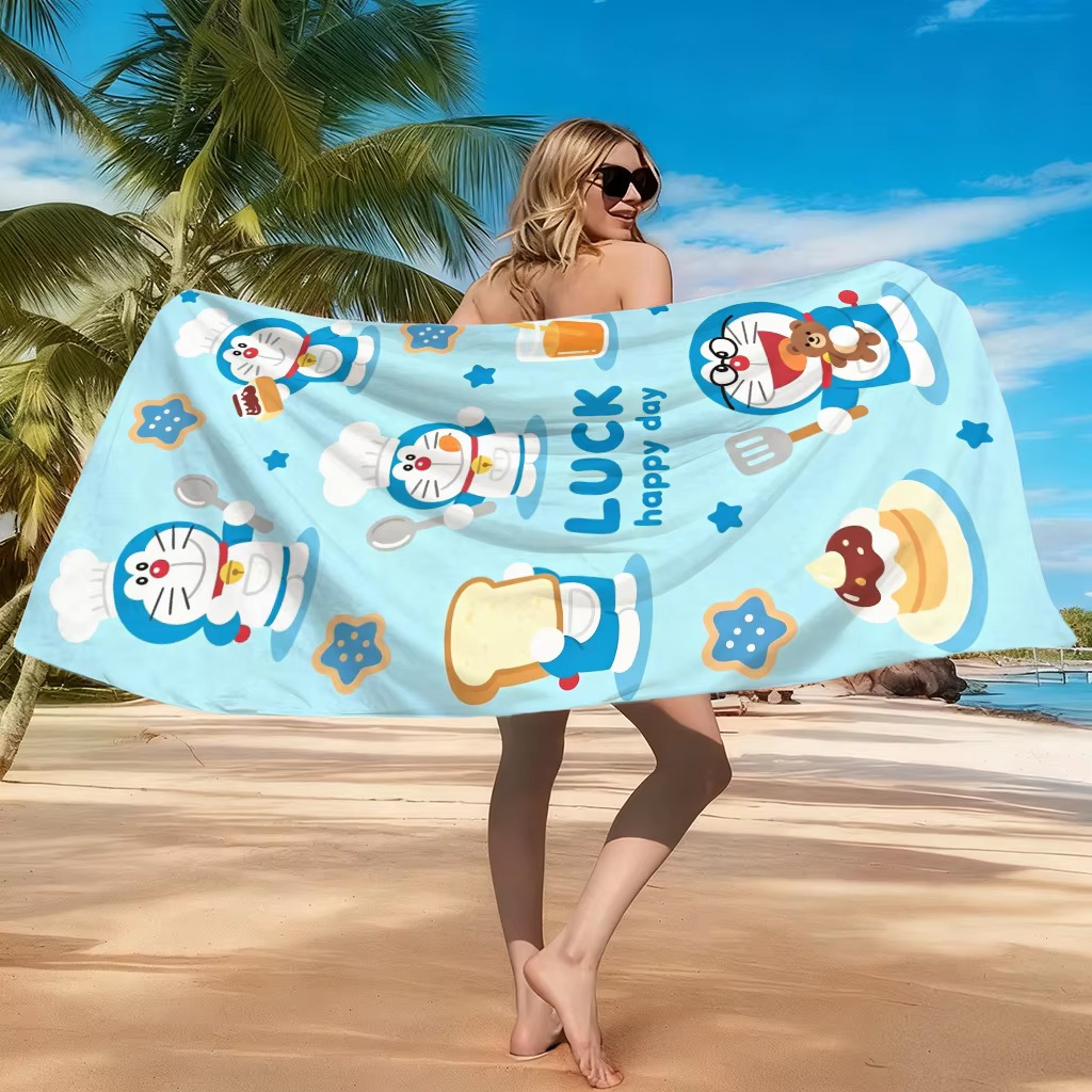 Pilates Yoga Towel - Doraemon Mor Hayalet Plaj Havlusu Düz